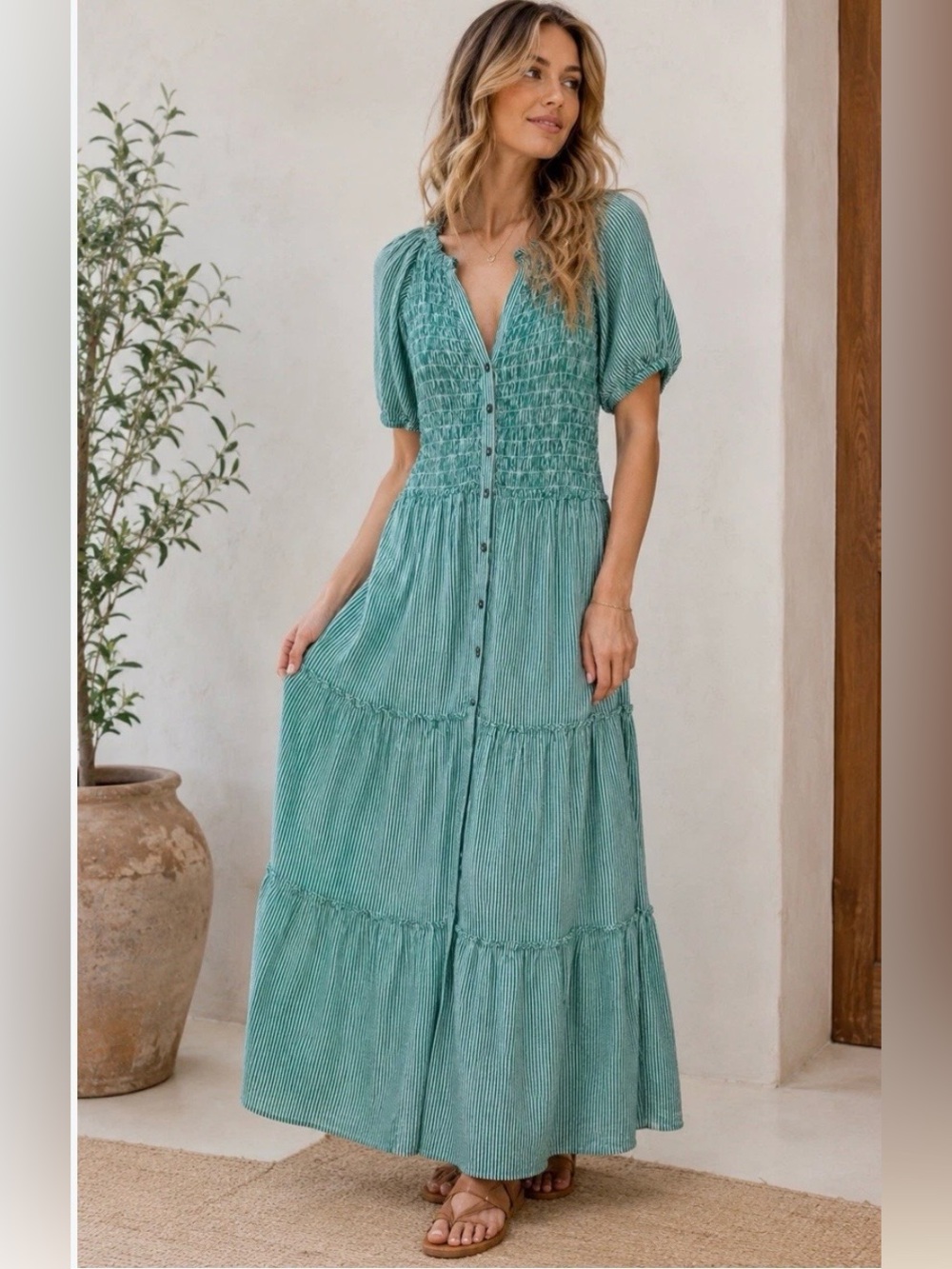 Sundance Topsail Green Striped Smocked Tiered Maxi Dress XL Cottagecore Boho